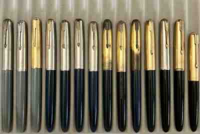 LOT OF 14 VINTAGE PARKER 51 VACUMATIC FOUNTAIN PENS 14K NIBS UNRESTORED