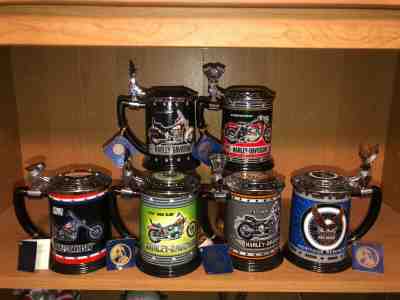 Franklin Mint Harley Davidson Set of 6 Tankards, Mugs, Steins W/COAs