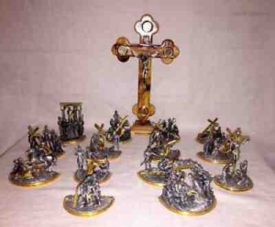 The Franklin Mint 14 Stations Of The Cross Fine Pewter/22kt Gold Statues...LQQK