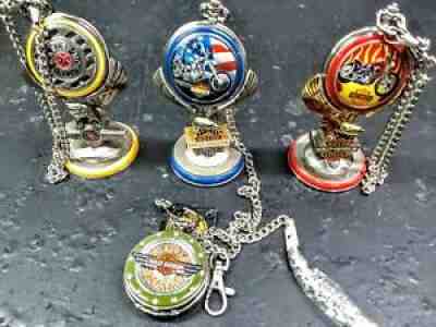 LOT OF 4 FRANKLIN MINT HARLEY DAVIDSON MOTORCYCLES POCKET WATCHES & 3 STANDS NEW