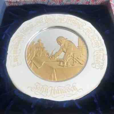 1976 Franklin Mint Sterling Silver & 24K Gold Bicentennial Plate JOHN HANCOCK