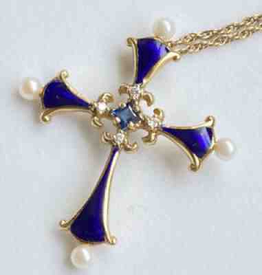 1983 Franklin Mint Faberge 14K Sapphire Pearls Midnight Cross Pendant & Necklace