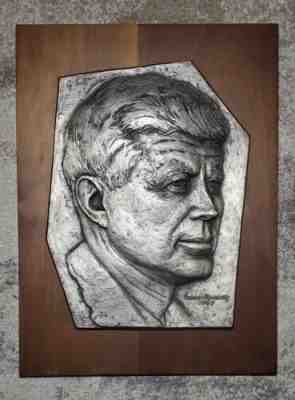 170 Ounce Pure Silver JFK Plaque by Gilroy Roberts on Wood Base Franklin Mint