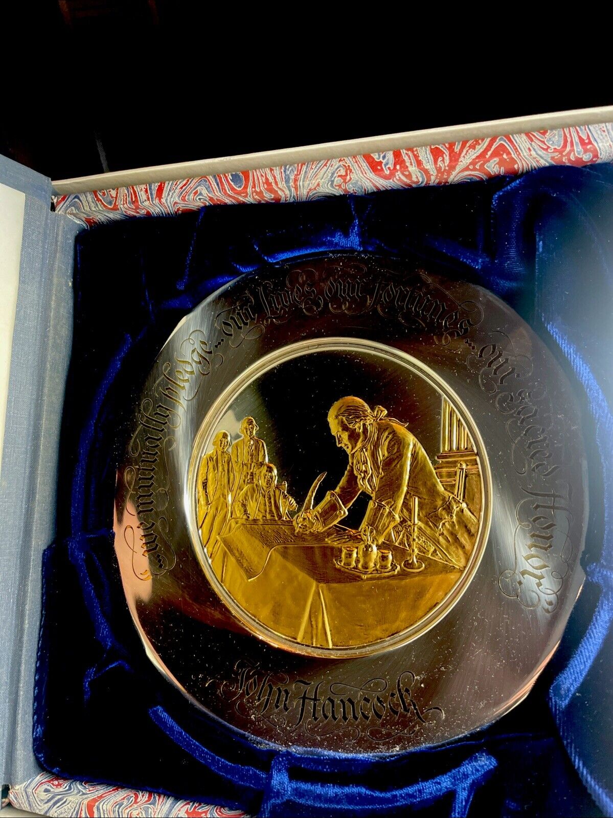 Franklin Mint John Hancock 1976 bicentennial commerative plate silver/plate gold