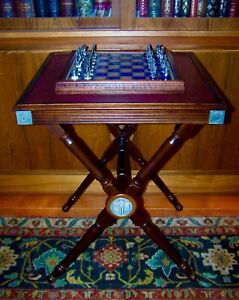 1983 Franklin Mint Pewter & Brass Civil War Chess Set & Table Fully Documented