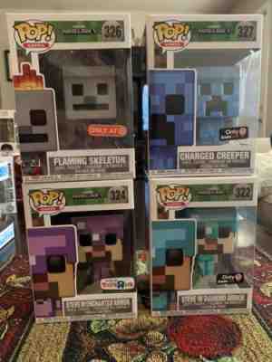 4 Minecraft Funko Exclusive Pops! Two Steves, A Flaming Skeleton, & Creeper