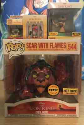 Funko Pop Lion King SCAR WITH FLAMES CHASE. COMES WITH THE BOX AND OTHER ITEMS.