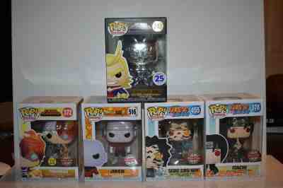 Itachi, Cursed Sasuke, Jiren, GITD Todoroki, and Chrome All Might Funko Pops