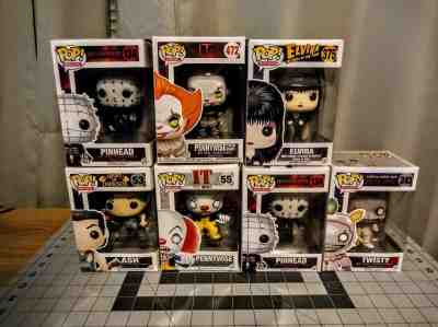 Lot of 7 Horror Funko Pops, Two Pinheads,  Pennywise, Vaulted Twisty and Elvira