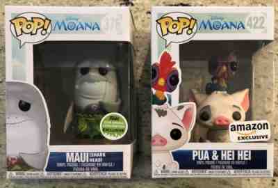 Funko Pop Moana Lot of 2 Exclusives: 376 Maui (Shark Head), 422 Pua & Hei Hei