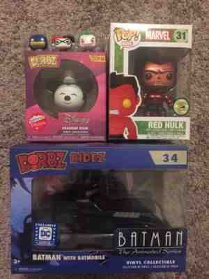 Funko Assorted Lot: SDCC Metallic Red Hulk LE480, Dorbz Steamboat, Batmobile