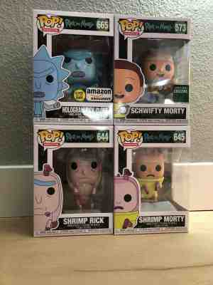 FOUR (4) Funko Pop #665 #573 #644 Hologram Rick Clone & Morty Shrimp Schwifty