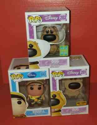 Funko POPs! DIsney Up Dug summer/cone exculsive#202, Russell#60& Dug flocked#201