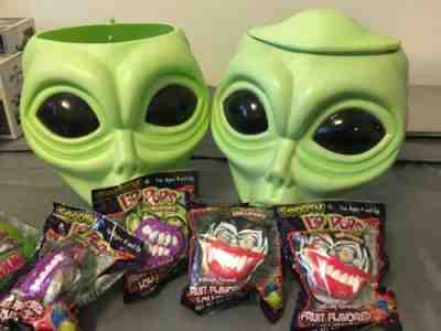 Set of 2 ALIEN POPS BUCKET HEAD BLOW MOLD CANDY DISPLAY HALLOWEEN UFO ART