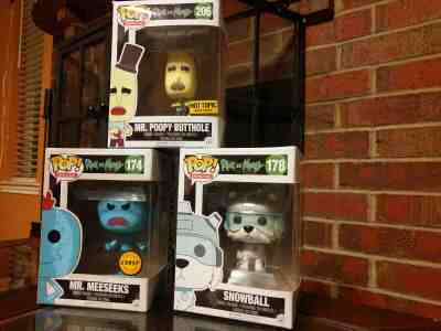 Funko POP! Mr Poopy Butthole HT Ex. #206 Mr. Meeseeks CHASE #174 & Snowball #178