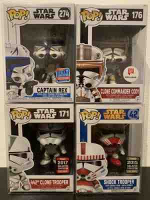 Funko Pop! Lot Of 3 Clone Trooper Captain Rex Shock Trooper 442nd Cody Exclusive