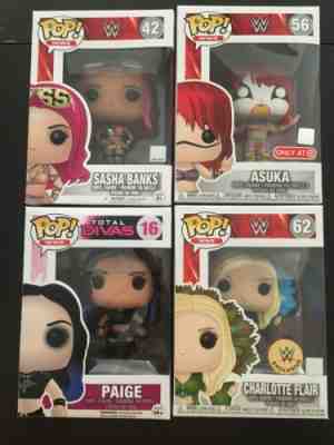 FUNKO POP WWE Lot Of 4 Charlotte Flair,,Sasha Banks Asuka Paige