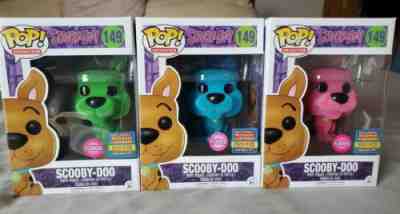 Funko Pop SDCC 2017 Limited Flocked Scooby Doo #149 Blue, Pink, Green Set. 