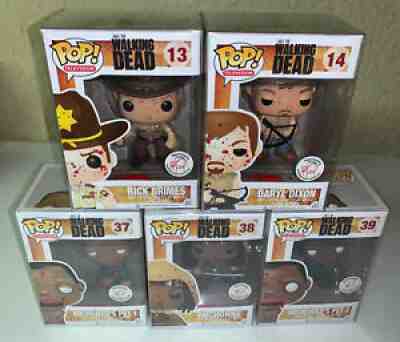 Walking Dead Funko Pop Harrisons Bloody Set Daryl Rick Michonne Pet w/ Protector