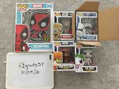 Funko Pop SDCC 501st Clone Trooper, Zuckus, TDKR Robin & Joker, Deadpool Shirt L