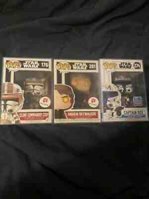 star wars funko pop Captain Rex, Anakin, Commander Cody.