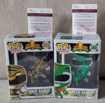 2 Jason David Frank Signed Rangers White Ranger & Green Ranger Funko JSA COA