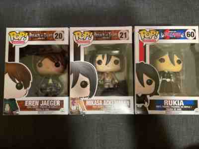 Anime Funko Pop Lot of 3 Vaulted Eren Jaeger Mikasa Ackermann Rukia