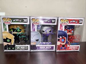 Miraculous Funko Pop Set Signed JSA Certified Ladybug, Cat Noir, Hawk Moth