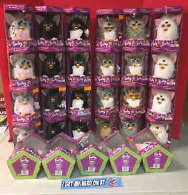Large NEW Furby Lot Of 29 1998 Sealed Tiger Tuxedo White Pink Spots Gray Black