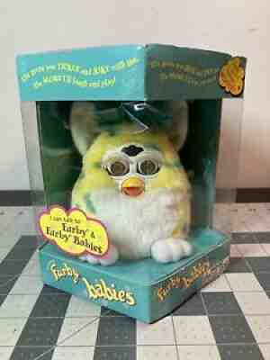 1999 Tiger Electronics Furby Baby Confetti Yellow White Teal Fur Brown Eyes NIB