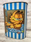 Vintage Garfield Metal Trash Can Waste Basket Blue Stripes Jim Davis Cheinco USA
