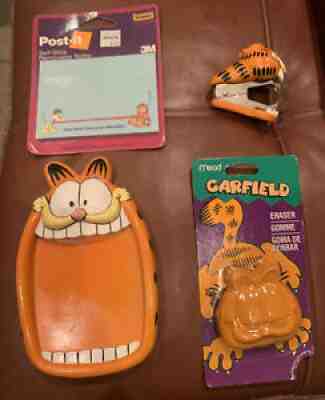 Lot Of GARFIELD Soap Trinket Dish, New Post-it Notes New Eraser, Staple Remover
