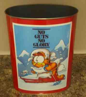 Vintage Garfield Metal Trash Can Waste Basket Skiing No Guts No Glory No Rust