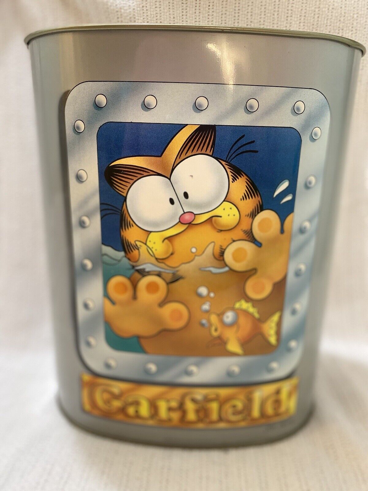 Vintage Garfield Metal Trash Can /Waste Basket Swimming W Fish