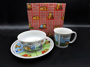 Vintage 1981 Enesco Garfield Child's 3-Piece Breakfast Set - Plate Bowl Mug NOS