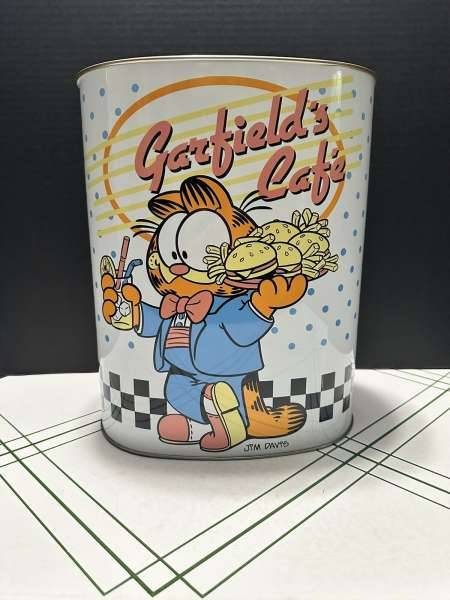 Vintage Garfield's Cafe Metal Tin Trash Waste Can Bin Basket 1978
