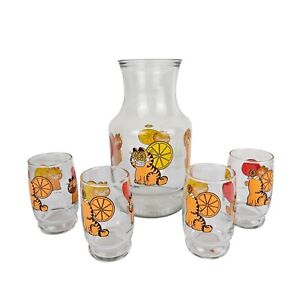 RARE Vintage 1978 Garfield Juice Pitcher & 4 Glasses Anchor Hocking Cat