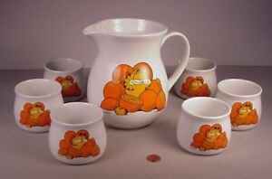 1978 Enesco Garfield Cat ceramic Orange Juice Pitcher & 6 cups Cartoon Jim Davis