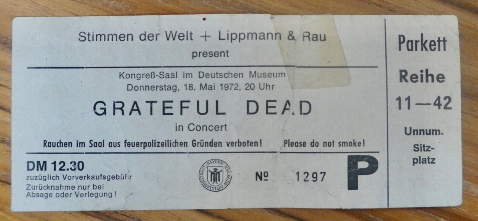 GRATEFUL DEAD Ticket stub Europe 72 Tour May 18, 1972 - Deutsches Museum, Munich