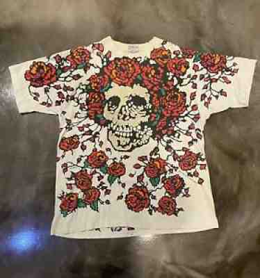 1992 Grateful Dead T Shirt Vintage Roses Bertha Skeleton Liquid Blue White TagXL