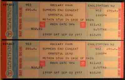 2 GRATEFUL DEAD Full Unused Ticket Raceway Park Englishtown NJ September 3 1977