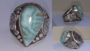 Grateful Dead Thaddeus Family Silver ~ Sterling Ring w/ Larimar, SYF Bolt & Owl