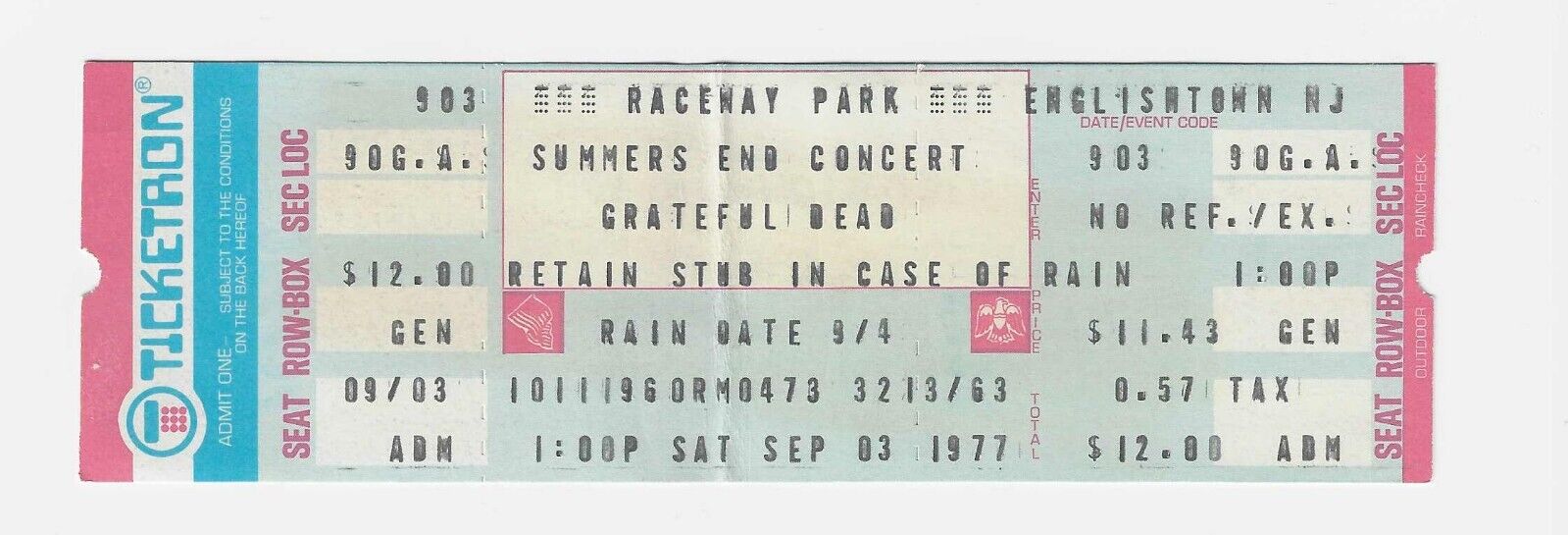GRATEFUL DEAD UNUSED TICKET  09-03-1977 ENGLISHTOWN N.J., RACEWAY PARK