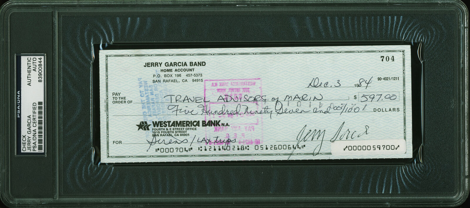 Jerry Garcia Grateful Dead Authentic Signed 3x8.25 1984 Check PSA/DNA Slabbed