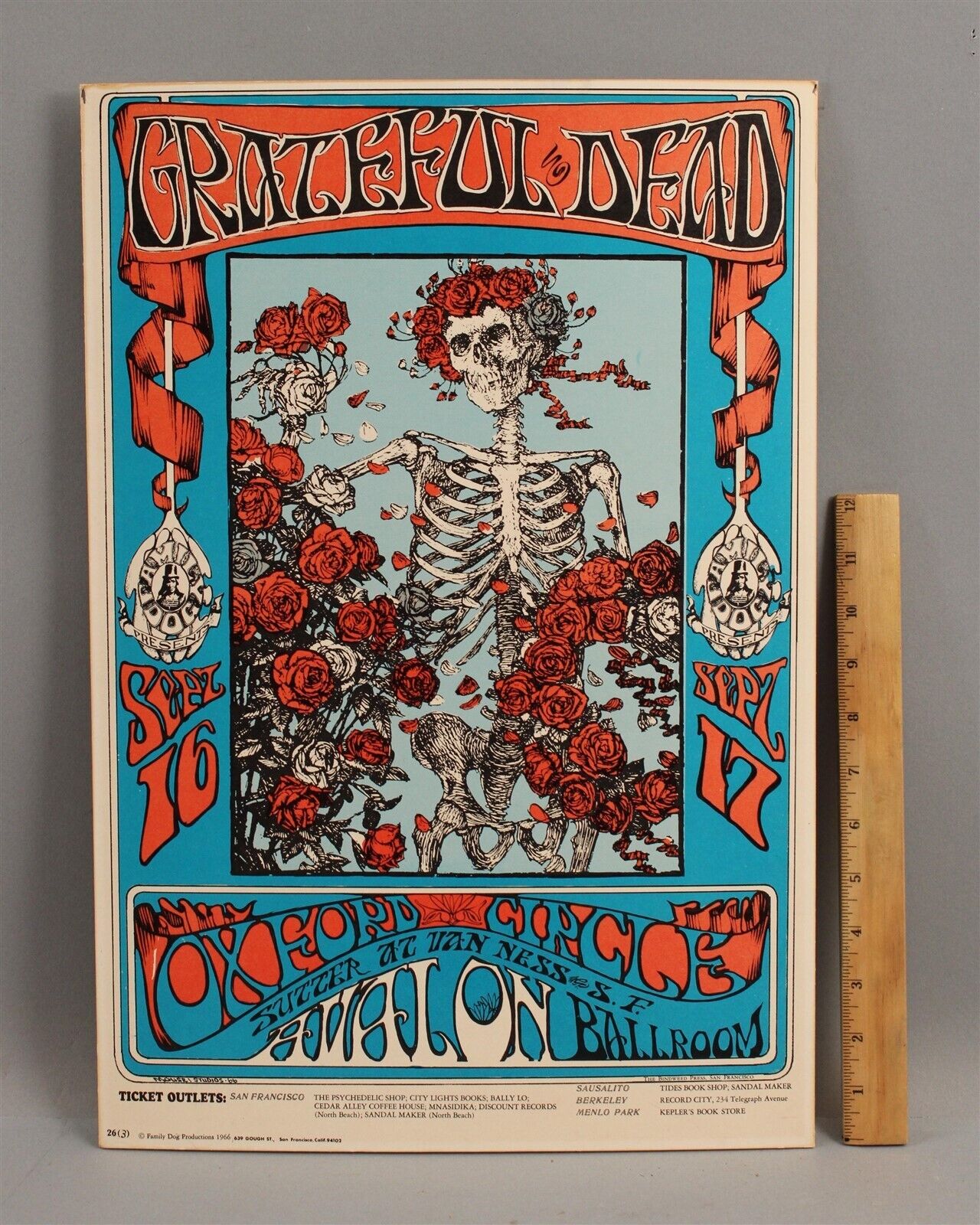 Vintage 1966 GRATEFUL DEAD Avalon Ballroom Rock & Roll Skeleton Roses Poster