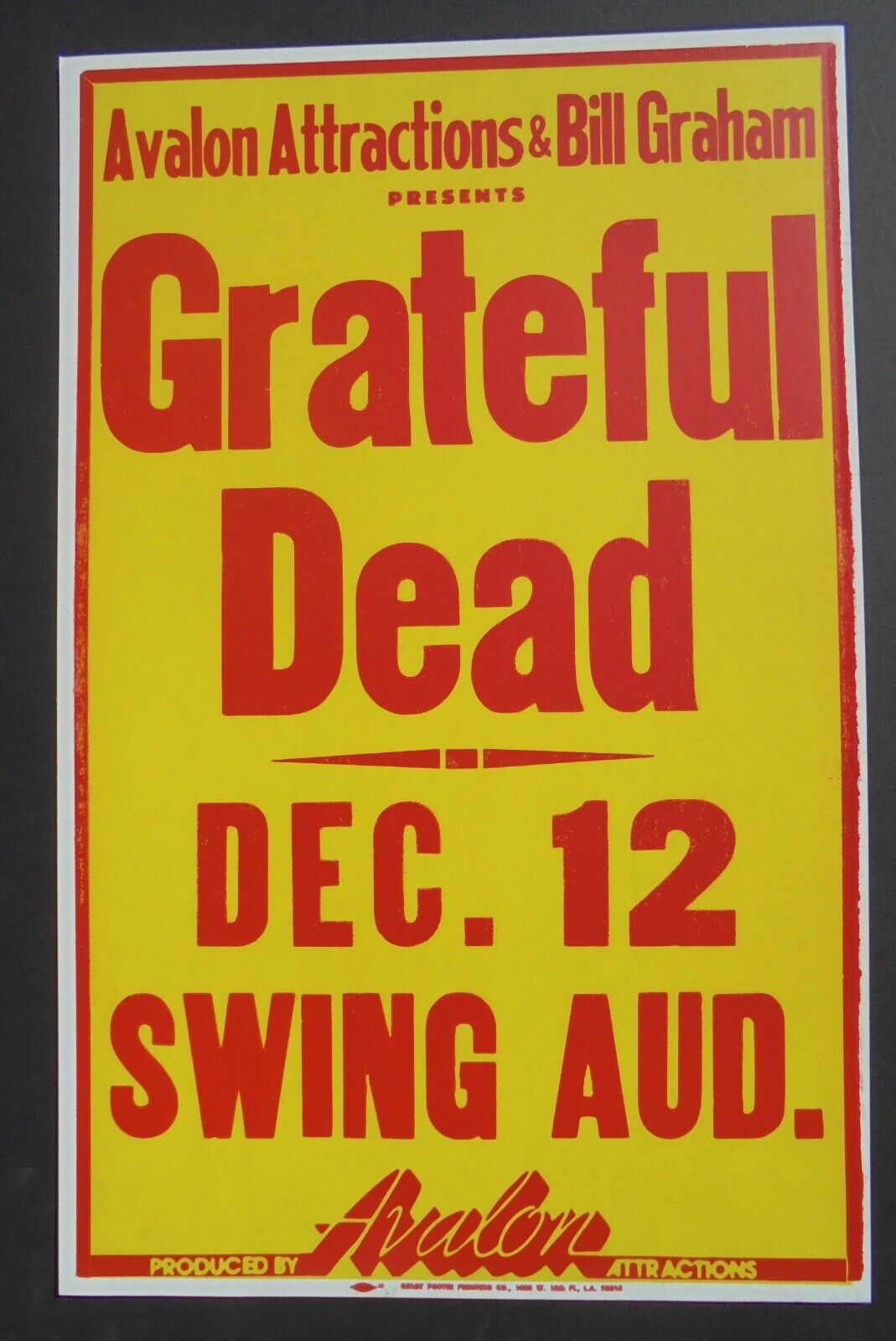 GRATEFUL DEAD AT  SWING AUDITORIUM  -  ORIGINAL VINTAGE CONCERT PROMOTION POSTER