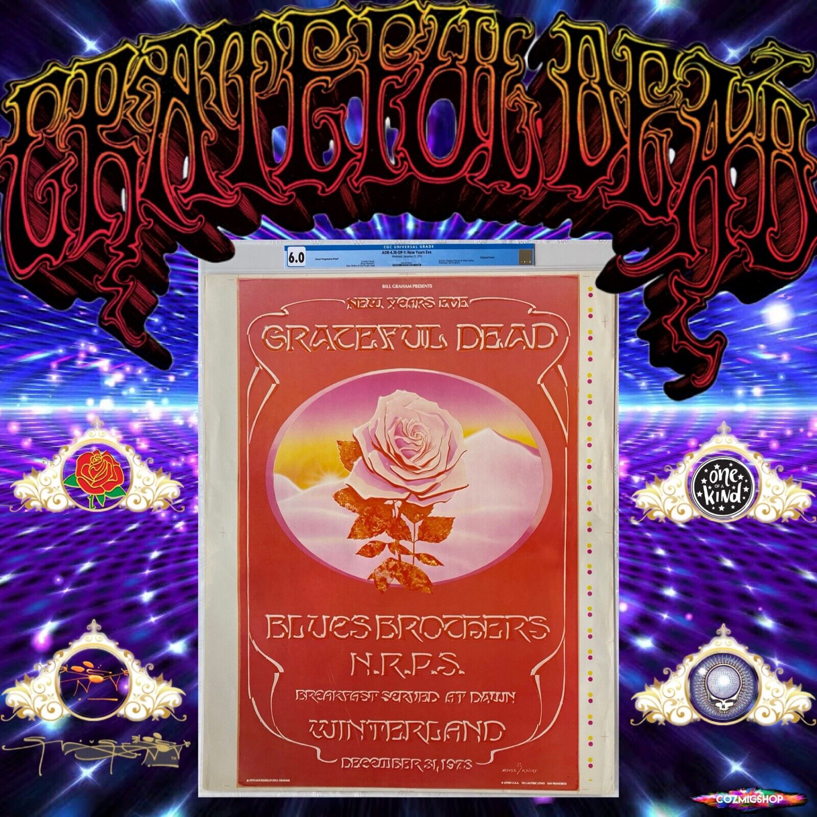 GRATEFUL DEAD Winterland 1978 Original TEST PRINT Poster AOR 4.38 Blue Rose CGC