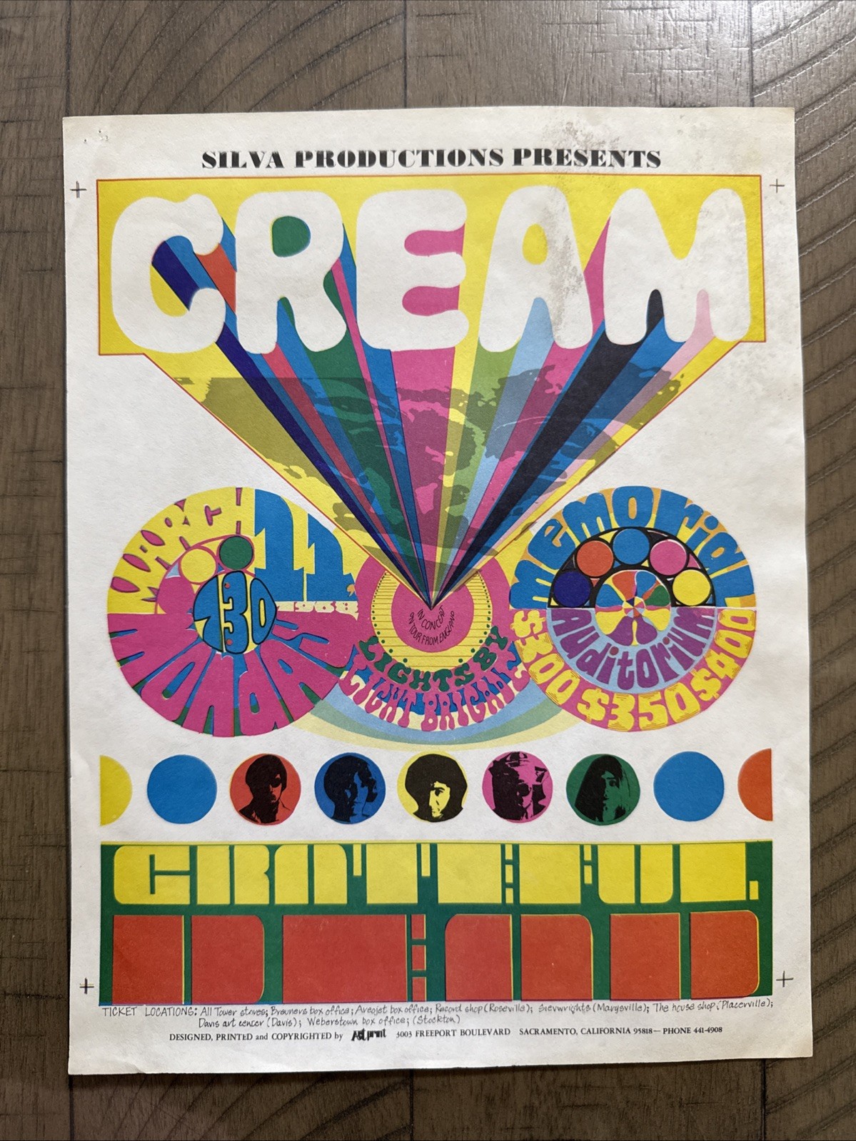 Grateful Dead, Cream 11''x 8.5''RARE 1968 Sacramento, CA Concert Poster/Handbill