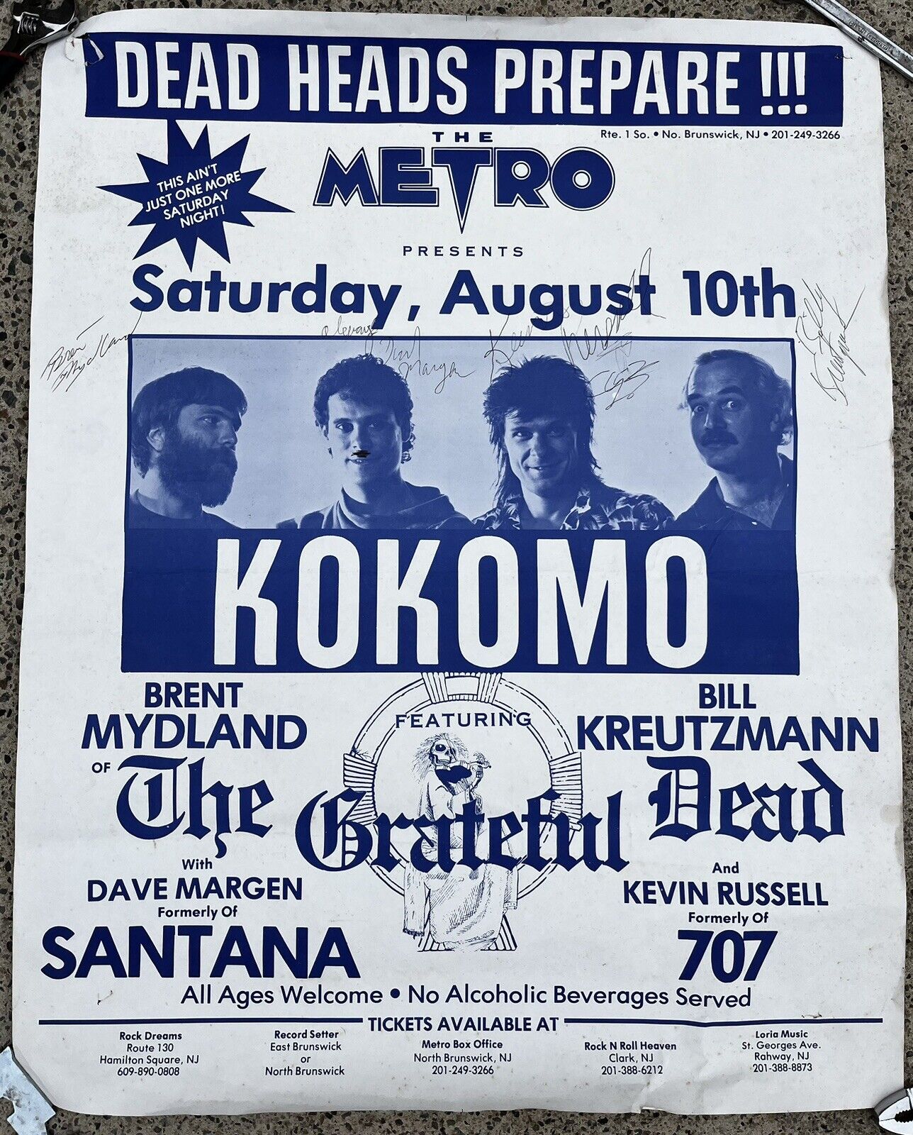 Kokomo Grateful Dead SIGNED Vintage Poster Autographed Mydland Kreutzmann 1985