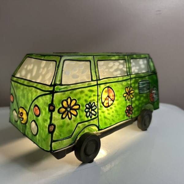 Vintage Grateful Dead VW Van Stain Glass Table Lamp Desk Night Light Hippy Bus